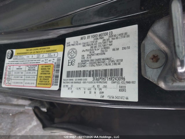 12519957 :رقم المزاد ، 3FA6P0H71HR243096 vin ، 2017 Ford Fusion Se مزاد بيع