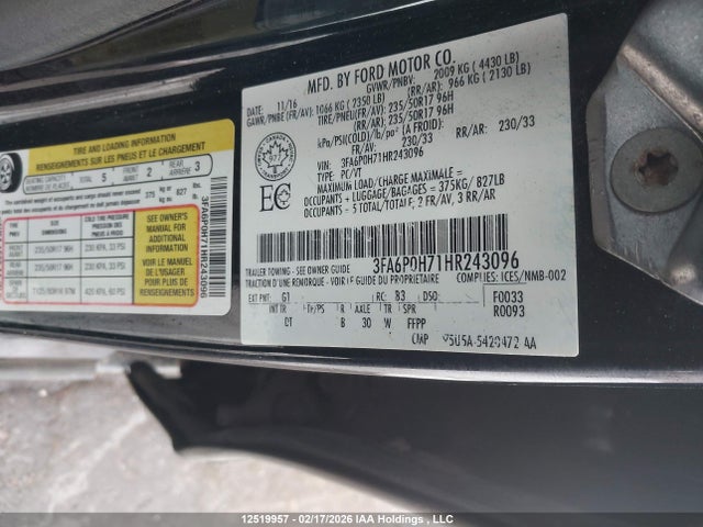 12519957 :رقم المزاد ، 3FA6P0H71HR243096 vin ، 2017 Ford Fusion Se مزاد بيع