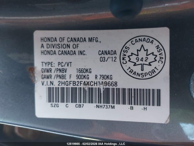 Aukcja sprzedaży 2012 Honda Civic Lx, vin: 2HGFB2F4XCH119668, numer aukcji: 12519985