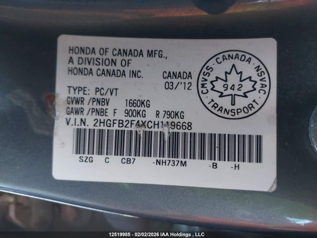 Aukcja sprzedaży 2012 Honda Civic Lx, vin: 2HGFB2F4XCH119668, numer aukcji: 12519985