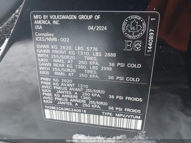 1V2BE2CA3RC240616 Volkswagen ATLAS CROSS SPORT