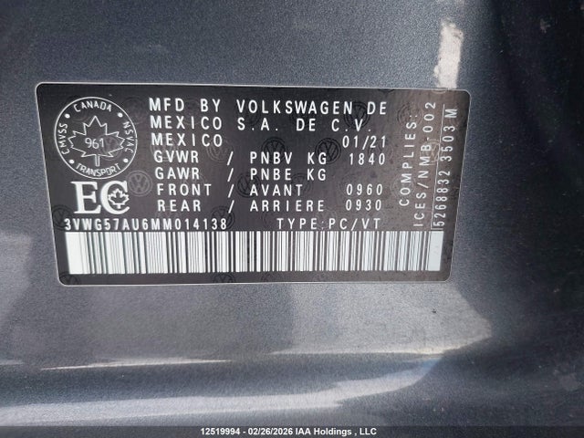 3VWG57AU6MM014138 Volkswagen Golf