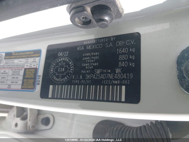 3KPA25AD7NE480419 KIA Rio Lx Premium/lx+