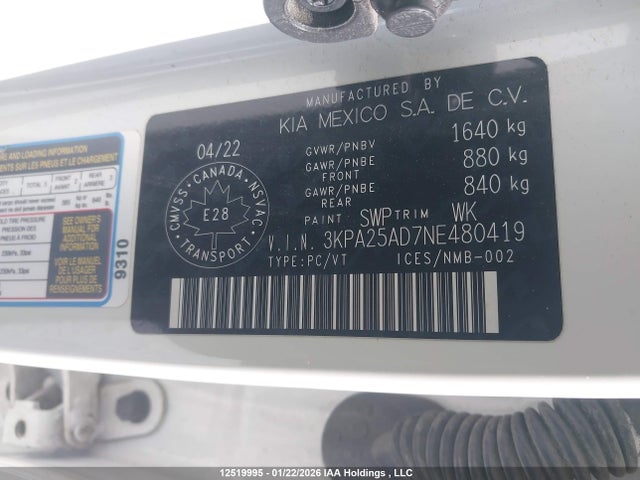 3KPA25AD7NE480419 KIA Rio Lx Premium/lx+