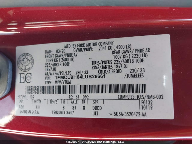 1FMCU9H64LUB26661 Ford ESCAPE SEL
