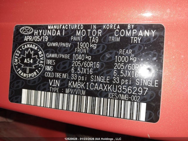 KM8K1CAAXKU356297 Hyundai Kona 2.0l Essential