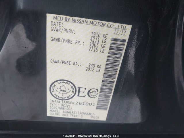1N4AL3APXEN261001 Nissan Altima 2.5/2.5 S/2.5 Sl/2.5 Sv