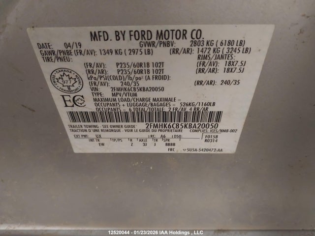 2019 Ford Flex Sel მანქანა იყიდება აუქციონზე, vin: 2FMHK6C85KBA20050, აუქციონის ნომერი: 12520044