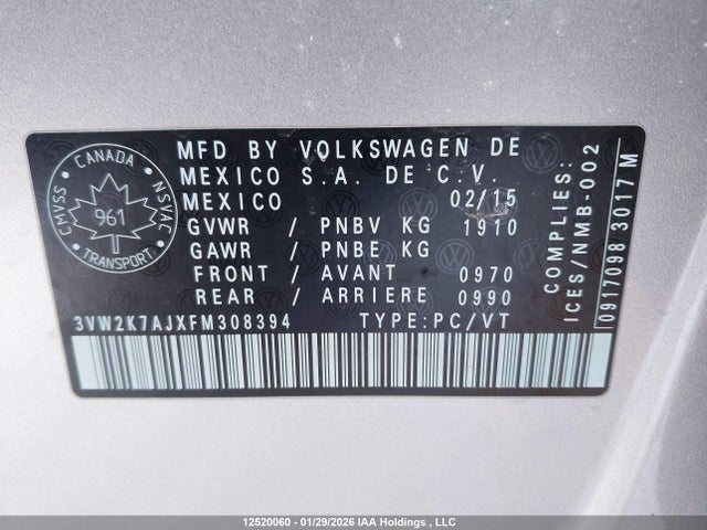 3VW2K7AJXFM308394 Volkswagen Jetta 2.0l Trendline/2.0l Trendline+