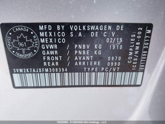 3VW2K7AJXFM308394 Volkswagen Jetta 2.0l Trendline/2.0l Trendline+