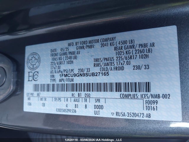 12520118 :رقم المزاد ، 1FMCU9GN9SUB27165 vin ، 2025 Ford Escape Active مزاد بيع