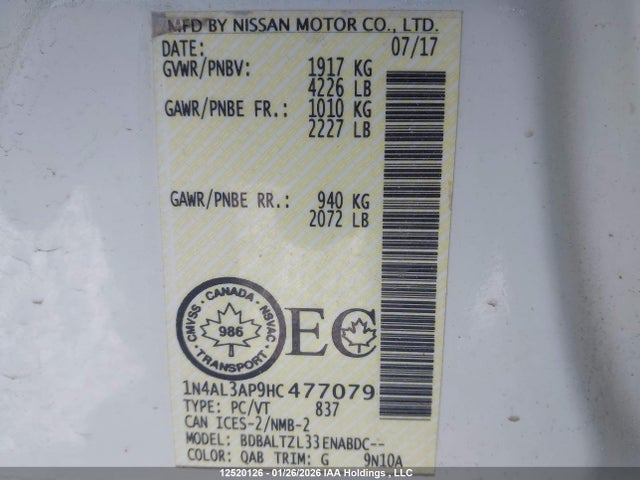 1N4AL3AP9HC477079 Nissan Altima 2.5/s/sv/sl/sr
