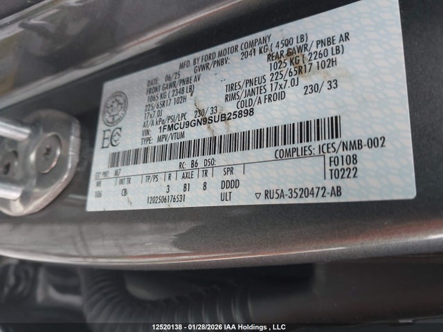 Aukcja sprzedaży 2025 Ford Escape Active, vin: 1FMCU9GN9SUB25898, numer aukcji: 12520138