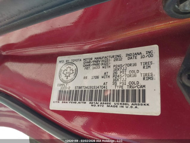2001 Toyota Tundra Access Cab/access Cab Sr5 მანქანა იყიდება აუქციონზე, vin: 5TBRT34191S147041, აუქციონის ნომერი: 12520159