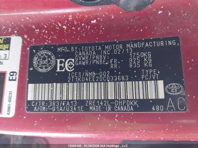 12520160 :رقم المزاد ، 2T1KU4EE2DC033683 vin ، 2013 Toyota Corolla Matrix مزاد بيع