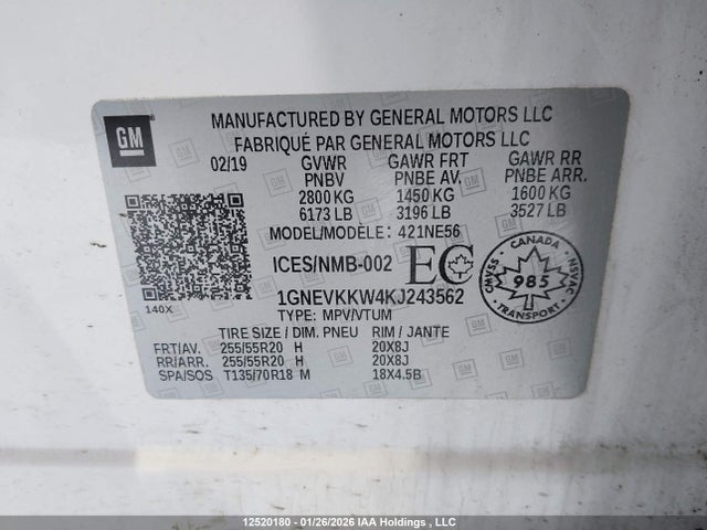 1GNEVKKW4KJ243562 Chevrolet Traverse Premier