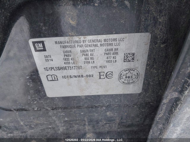 1G1PL5SH9E7317787 Chevrolet Cruze