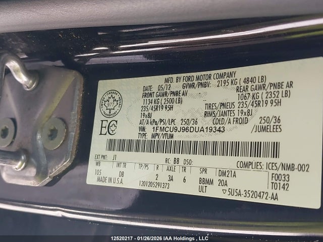 12520217 :رقم المزاد ، 1FMCU9J96DUA19343 vin ، 2013 Ford Escape Titanium مزاد بيع