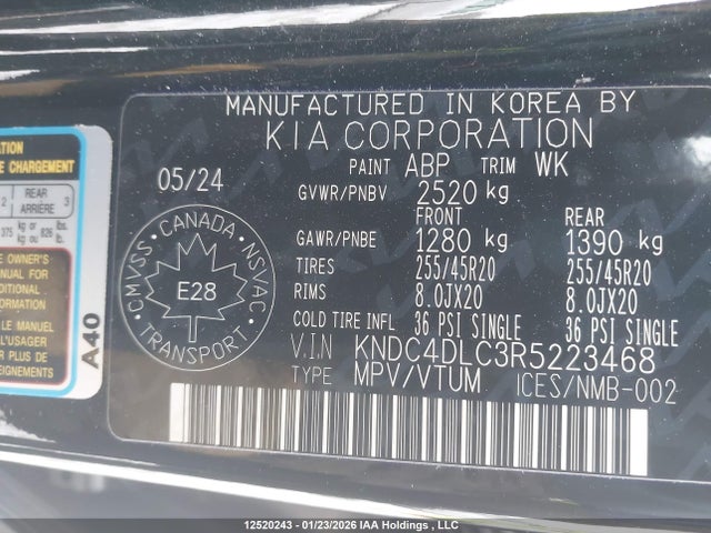 12520243 :رقم المزاد ، KNDC4DLC3R5223468 vin ، 2024 Kia Ev6 Land W/gt-line Pkg 1/land W/gt-line Pkg 2 مزاد بيع