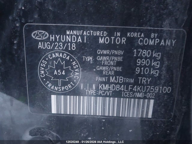 KMHD84LF4KU759100 Hyundai Elantra Sel/value/limited