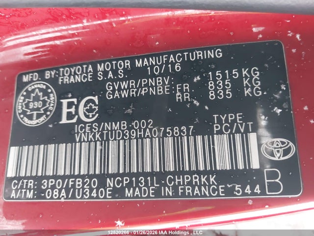 VNKKTUD39HA075837 Toyota Yaris L/le/se