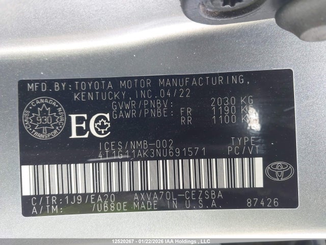 4T1G11AK3NU691571 Toyota CAMRY SE