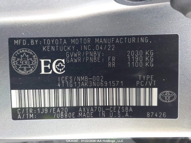 4T1G11AK3NU691571 Toyota CAMRY SE