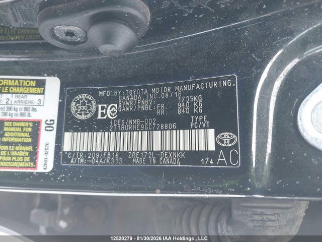 2T1BURHE9GC728806 Toyota COROLLA LE