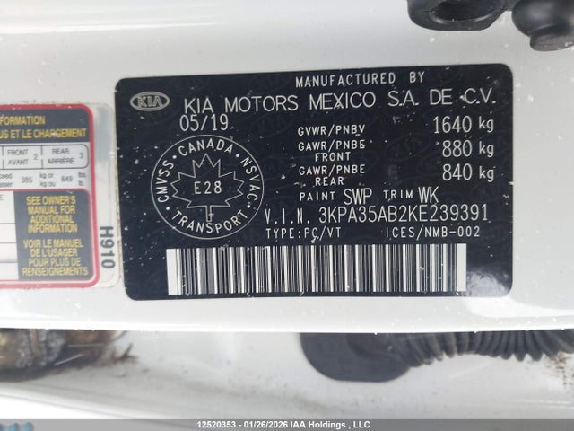 3KPA35AB2KE239391 KIA Rio Ex/ex Sport/ex Tech Navi