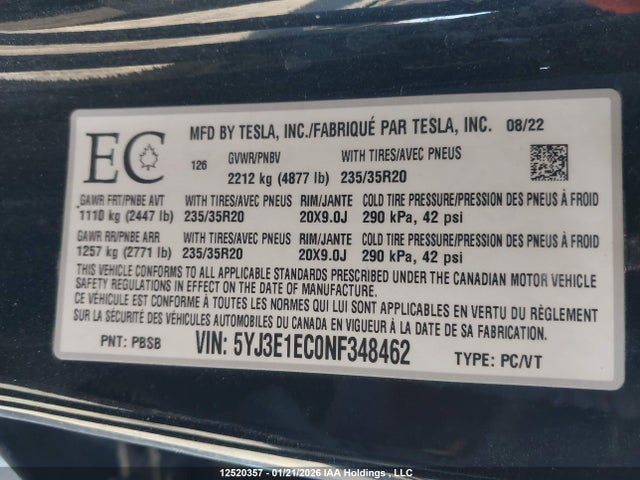2022 Tesla Model 3 Performance მანქანა იყიდება აუქციონზე, vin: 5YJ3E1EC0NF348462, აუქციონის ნომერი: 12520357