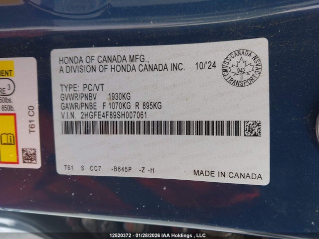 2025 Honda Civic Hybrid Sport/sport Touring მანქანა იყიდება აუქციონზე, vin: 2HGFE4F89SH007061, აუქციონის ნომერი: 12520372