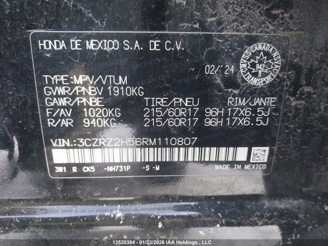 3CZRZ2H56RM110807 Honda HR-V