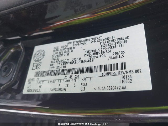 1FTEW1EP2LFB58499 Ford F150 Supercrew