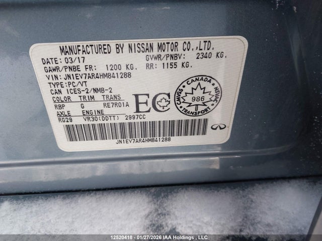 Auction sale of the 2017 Infiniti Q50 3.0t, vin: JN1EV7AR4HM841288, lot number: 12520418