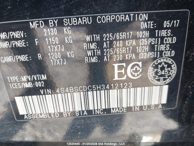 4S4BSCDC5H3412123 Subaru Outback 2.5i Premium