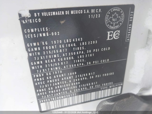 12520449 :رقم المزاد ، 3VVEX7B20RM038171 vin ، 2024 Volkswagen Taos Se مزاد بيع