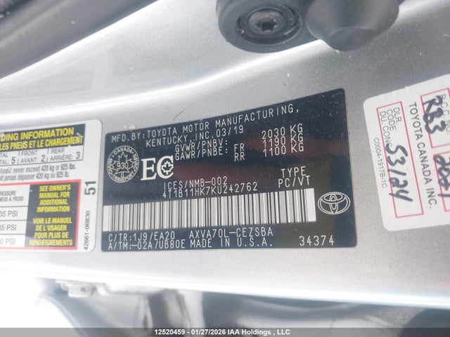 4T1B11HK7KU242762 Toyota CAMRY SE