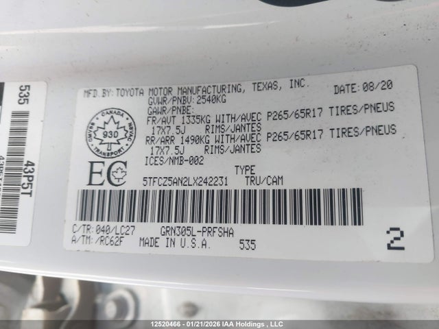 5TFCZ5AN2LX242231 Toyota Tacoma Double Cab/sr/sr5/trd Sport/trd Off Road/trd Pro