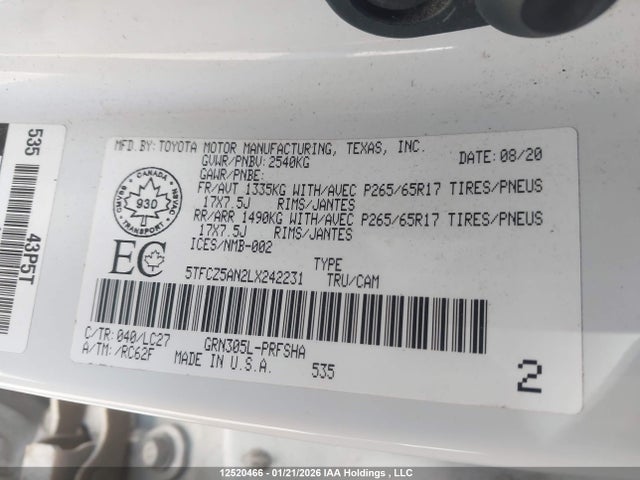 5TFCZ5AN2LX242231 Toyota Tacoma Double Cab/sr/sr5/trd Sport/trd Off Road/trd Pro
