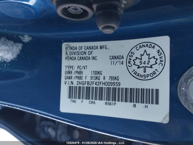 Продаж на аукціоні авто 2015 Honda Civic Lx, vin: 2HGFB2F42FH009959, номер лоту: 12520479