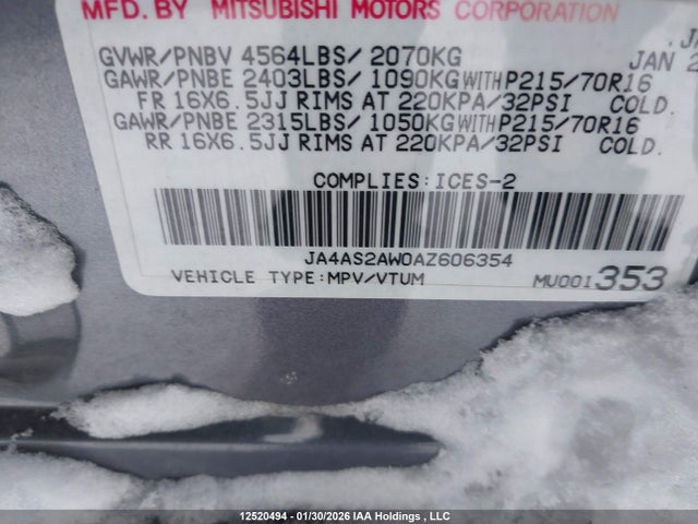 Aukcja sprzedaży 2010 Mitsubishi Outlander Es, vin: JA4AS2AW0AZ606354, numer aukcji: 12520494