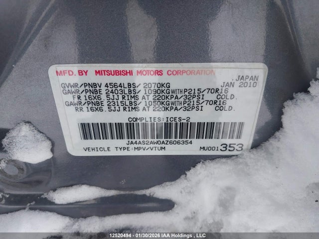 Aukcja sprzedaży 2010 Mitsubishi Outlander Es, vin: JA4AS2AW0AZ606354, numer aukcji: 12520494