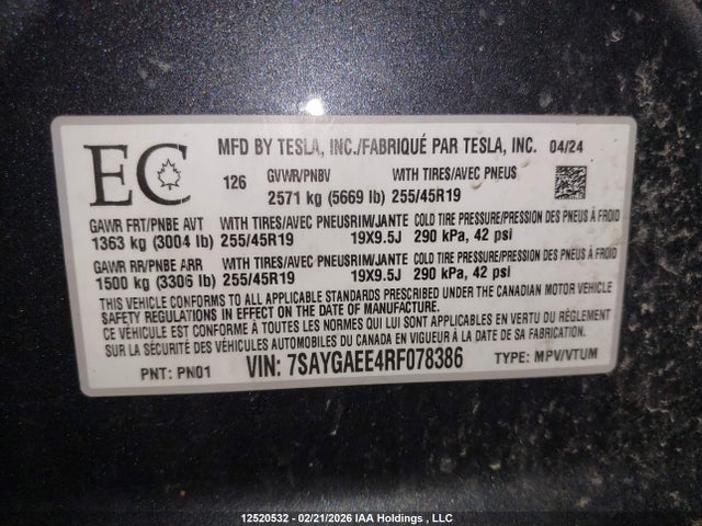 7SAYGAEE4RF078386 Tesla Model Y