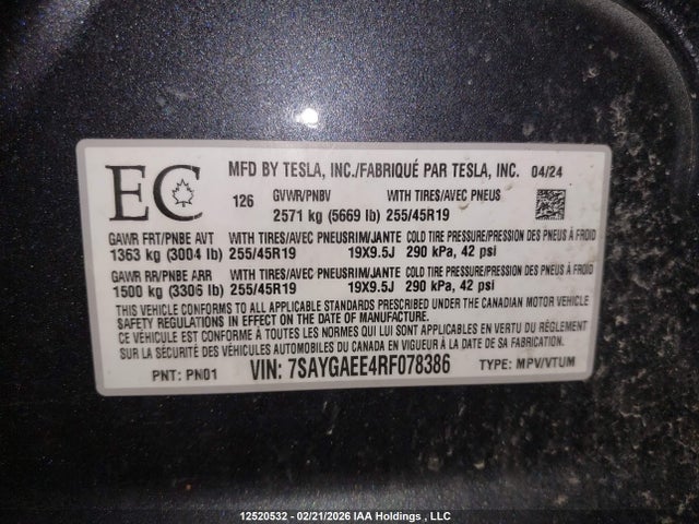 7SAYGAEE4RF078386 Tesla Model Y
