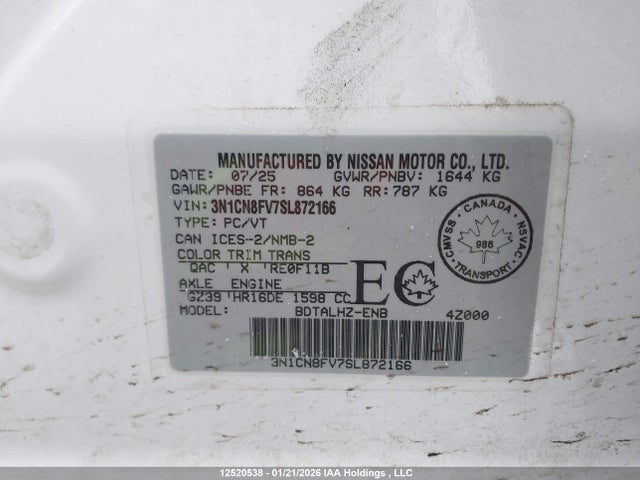 3N1CN8FV7SL872166 Nissan VERSA SR