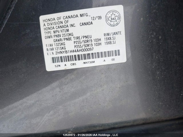 12520572 :رقم المزاد ، 2HNYB1H44AH000097 vin ، 2010 Acura Zdx Technology مزاد بيع