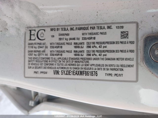 12520597 :رقم المزاد ، 5YJ3E1EAXMF861876 vin ، 2021 Tesla Model 3 Standard Range/standard Range Plus مزاد بيع
