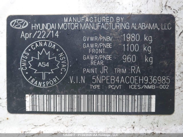 5NPEB4AC0EH936985 Hyundai SONATA GL
