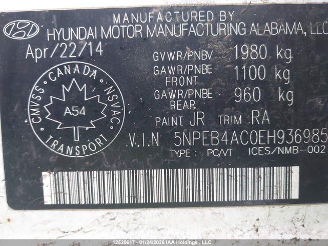 5NPEB4AC0EH936985 Hyundai SONATA GL