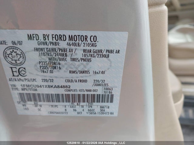 12520618 :رقم المزاد ، 1FMCU941X8KA84882 vin ، 2008 Ford Escape Limited مزاد بيع